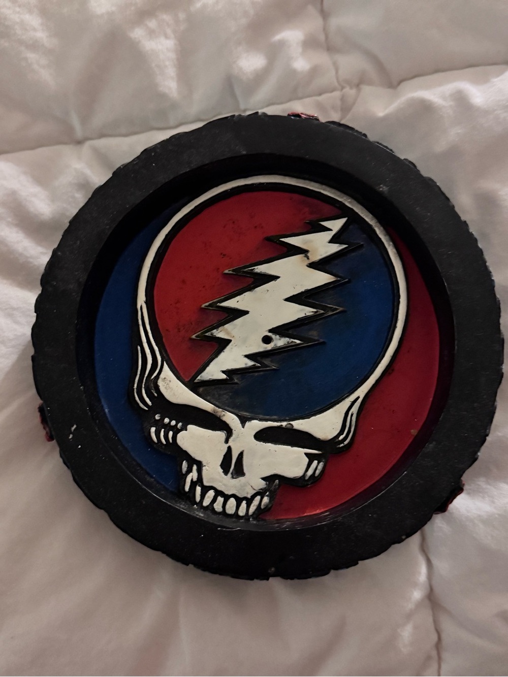Grateful Dead Red, Blue & White Lightning Skull incense burner or plaque